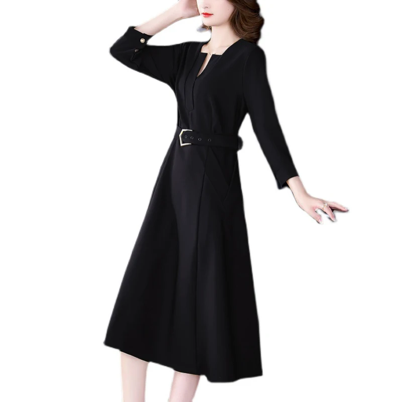 Robe mi-longue Hepburn noire pour femme, robe de bureau vintage, batterie élégante, monochromatique, décontracté, fête, éducatif, coréen, dame, printemps, automne, 2024