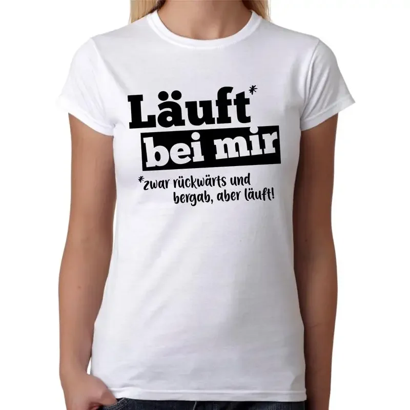 RUNS WITH ME Although Backwards And Downhill Sayings Funny Comedy Women s T Shirt