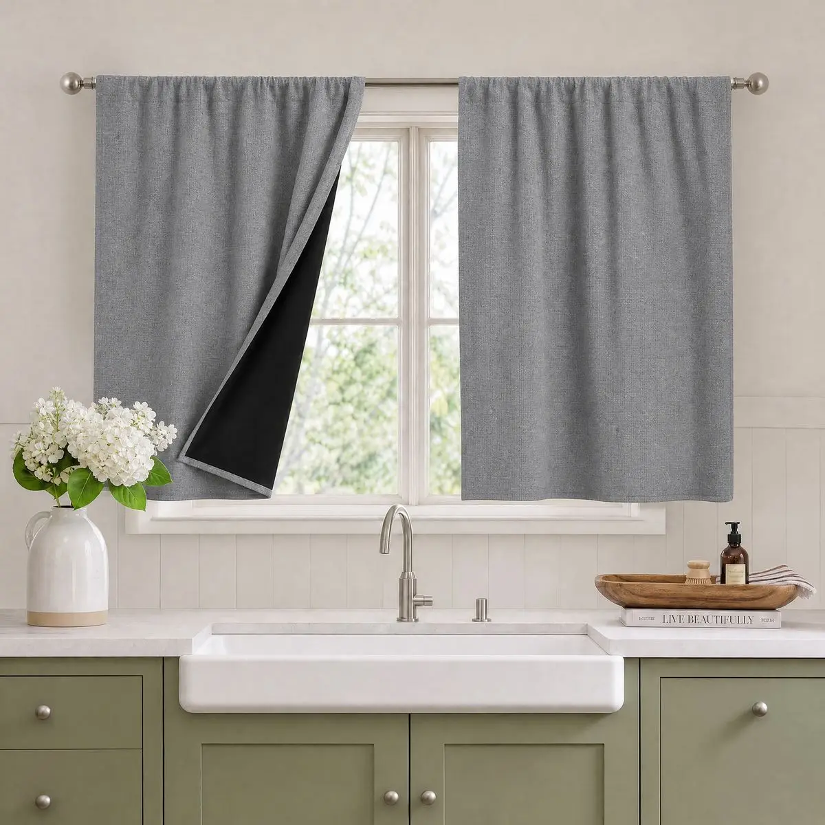 2Pcs Gray Vintage Bohemian Full Blackout Small Curtains, Faux Linen Polyester with Black Lining, 100% Blackout Privacy Style, Rod Pocket, Washable, Suitable for All Seasons, Coffee-Colored Curtains for Kitchen, Bathroom, Bay Window, Living Room, Dining Room, Office, Hallway