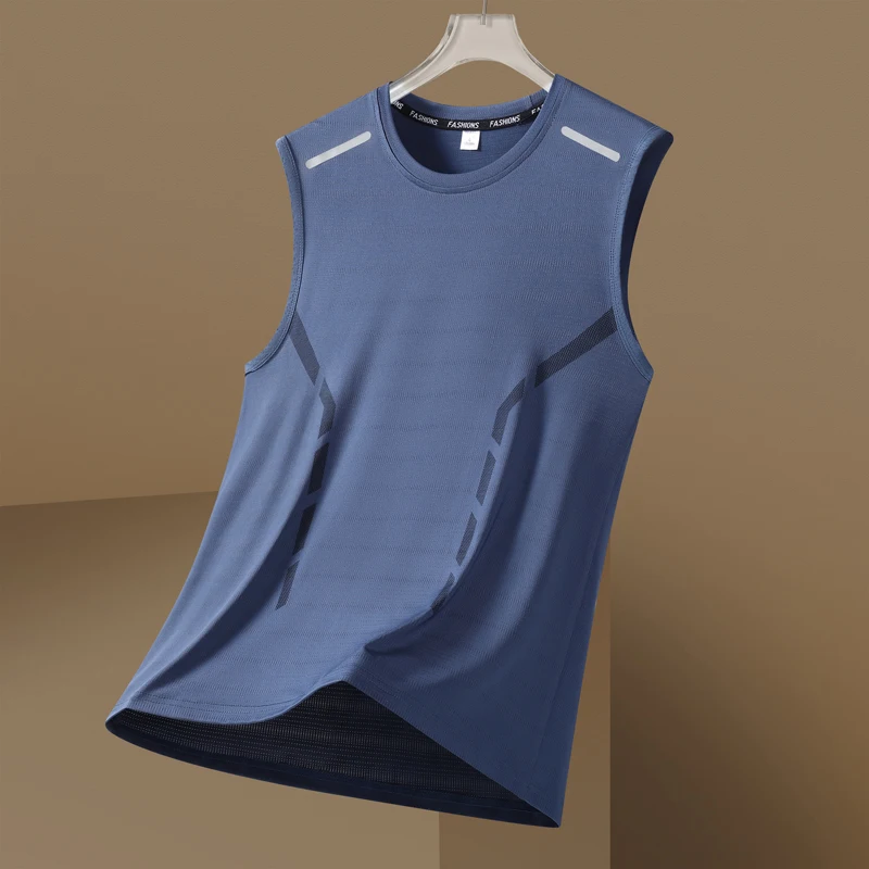 Mens Sleeveless T-shirt Summer Sports Loose Vest Ice Silk Speed Dry Breathable Thin Section Top Running Basketball Shirt