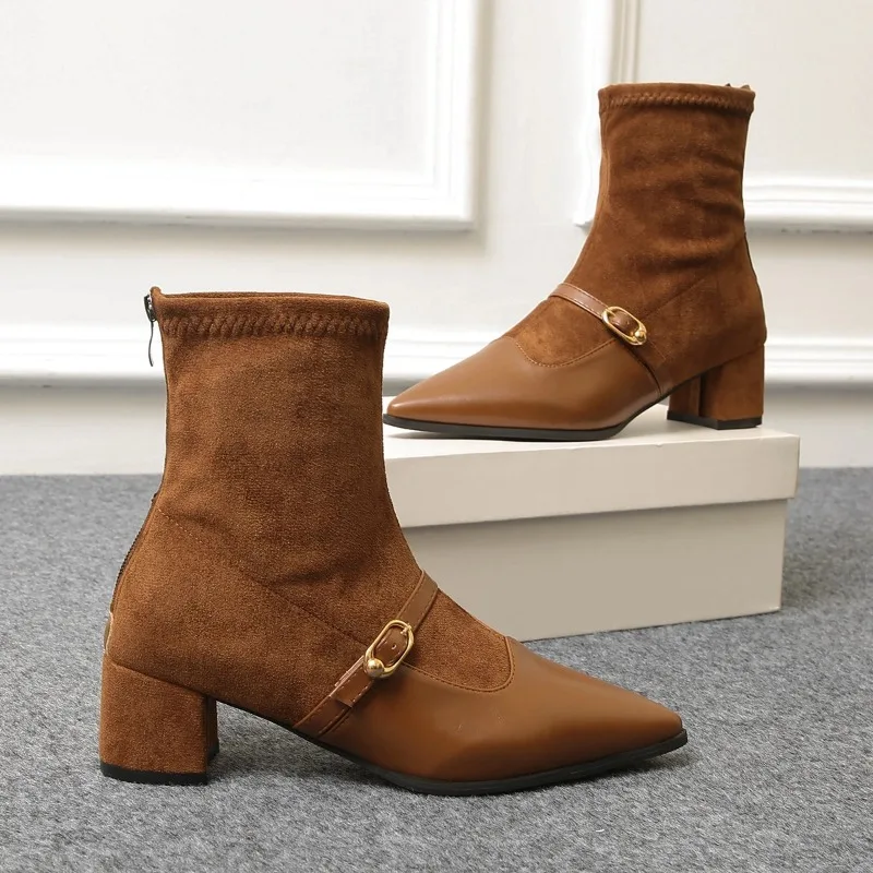 

Pointed Toe Women's Thick Heel Ankle Boots Vintage Leather Suede Splicing Shoes Autumn Winter Stretch Slim Women's Short Booties