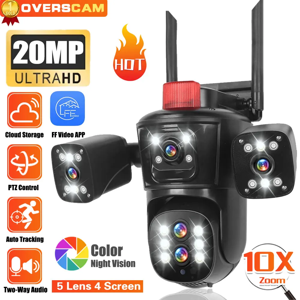 10K 20mp Outdoor Wireless Wifi Security Camera 10X Zoom Auto Tracking 8K PTZ 5 Lens 4 Screens IP CCTV Cam IP66 Waterproof