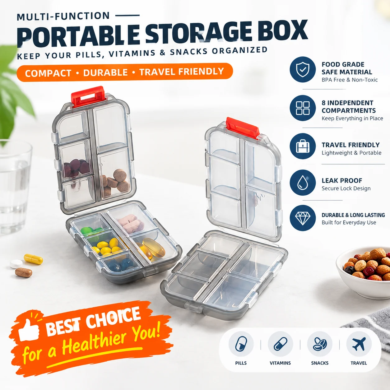 Foldable 10 Compartment Pill Organizer Double Layer Portable Sealed Moisture Proof Medicine Box BPA Free For Travel Pill Case