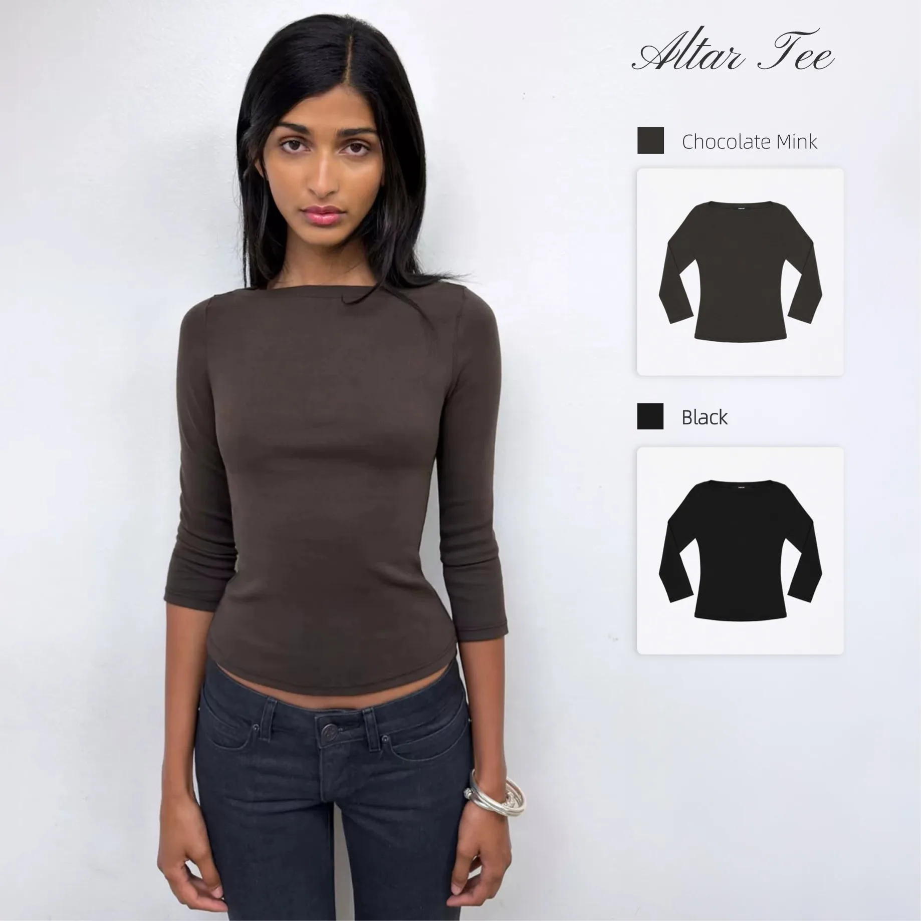 Tank dark brown boat collar three-quarter sleeve slim top simple black one-shoulder undershirt short top