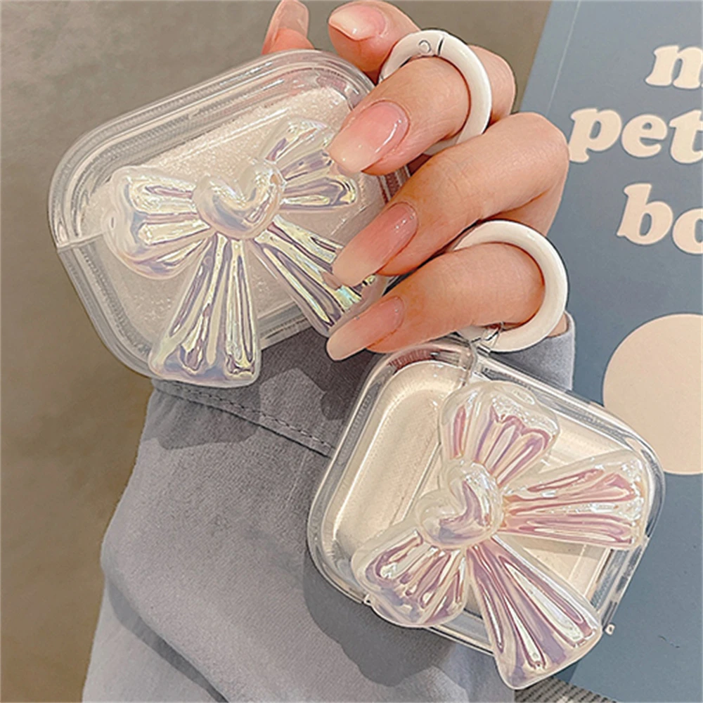 Funda de auriculares transparente con lazo grande láser 3D para AirPods, carcasa protectora con llavero, cubierta suave, 1, 2, 3, Pro 2