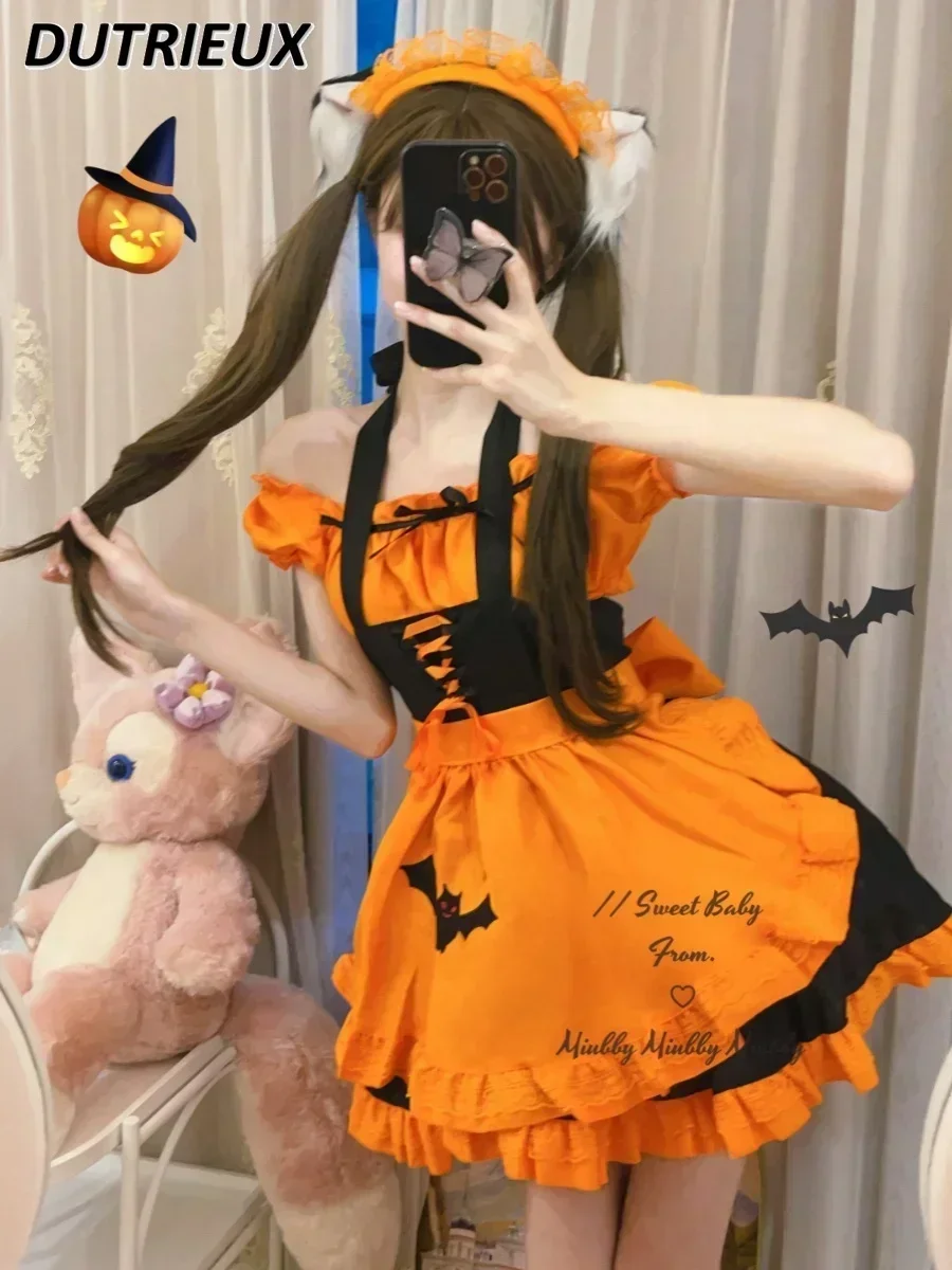 

Japanese Style Summer New Embroidery Sweet Girls Outfits Off-Shoulder Halloween Cosplay Maid Costume Lolita Dresses Suit