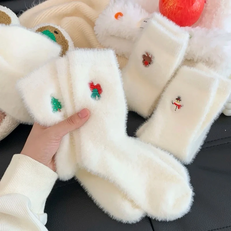 

Christmas pattern Mink Velvet Socks Women Winter Soft Fleece Plush Warm Home Sleep Boot Socks Kawaii Y2K Furry Thermal Tube Sox