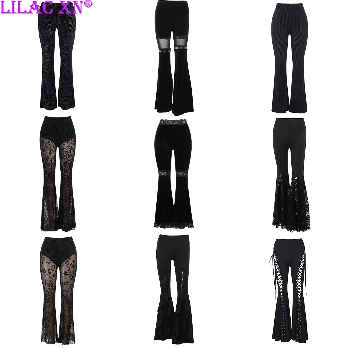 Y2K Gothic Black Velvet Lace Mesh Flare Pants Sexy Harajuku Aesthetic See Through Emo Pants Vintage Women Summer Pant Streetwear