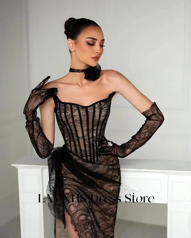 LAYXHS Sexy Sereia Vestidos de Noite Renda Preta Strapless Side Slit Plissado Mulheres Vestidos de Baile Personalizados فستانmaveraات