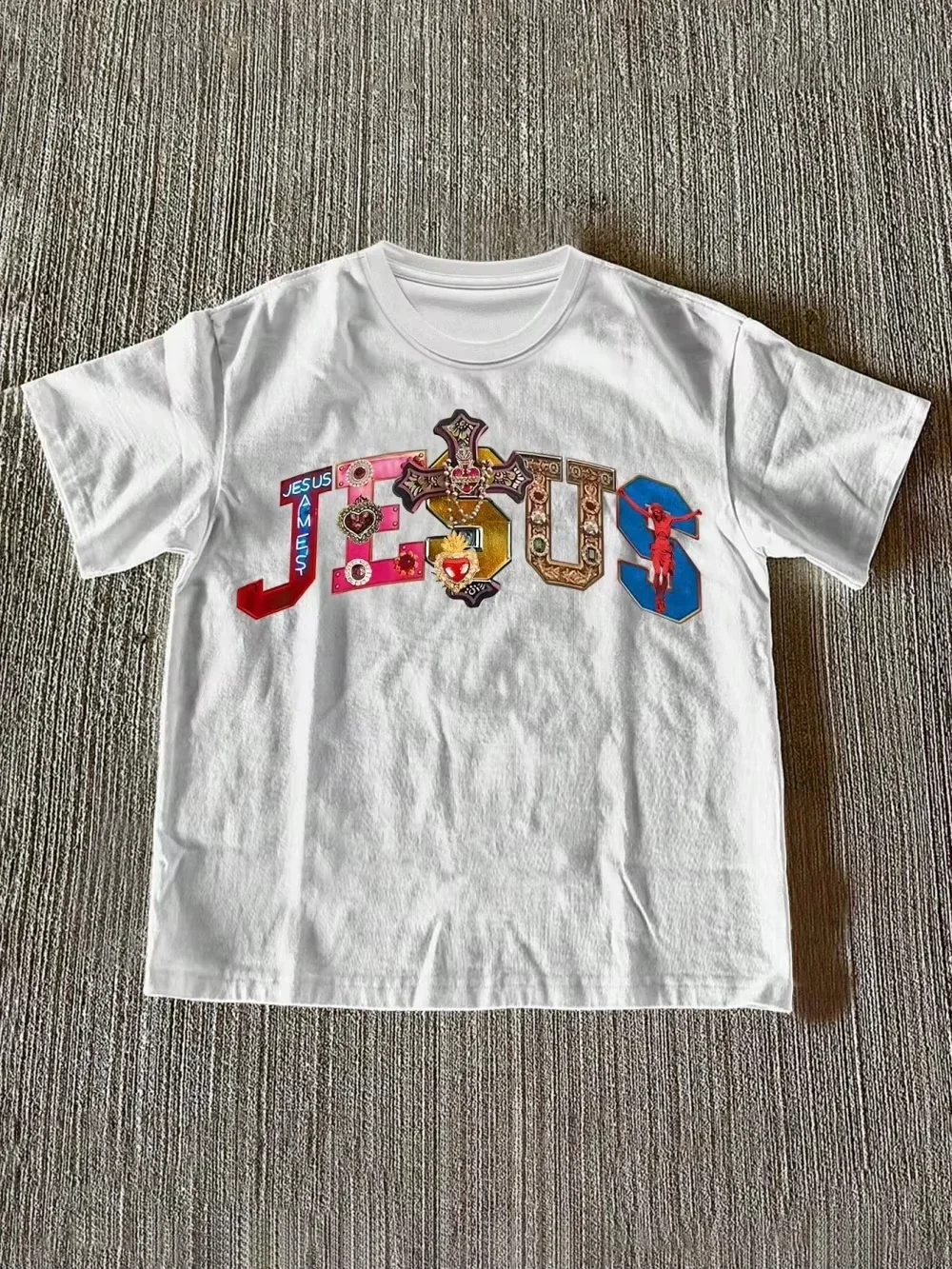 Colorful Ornate Cross Sacred Heart Vintage Letter Graphic T Shirt Retro Gem Decor Symbol Print White Cotton Short Sleeve Tee
