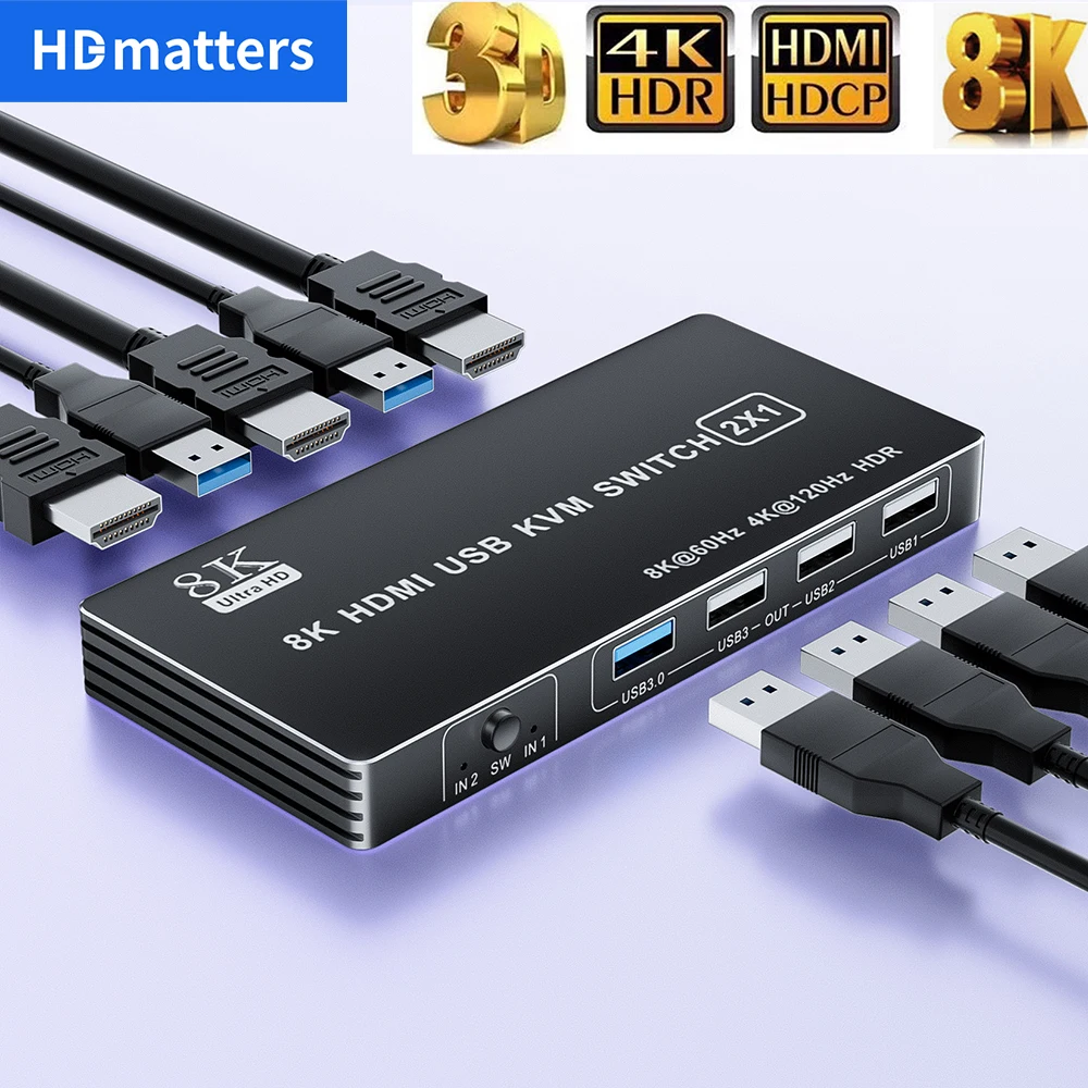 HDMI 2.1 KVM Switch 4k 120Hz com USB Dual port USB 8K HDMI KVM Switch HDMI 2.1 Hub Switcher 4K 60Hz HDMI Switch KVM USB