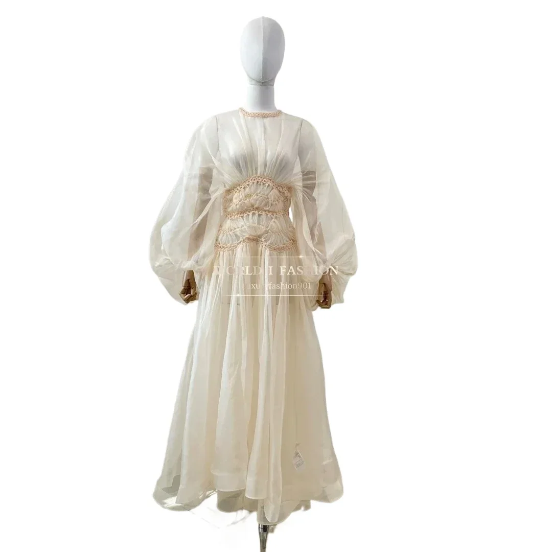 

Collection Beach Style High Quality Full Lantern Sleeve Women Long Dress Elegant Pure Silk 2025 Summer Holiday