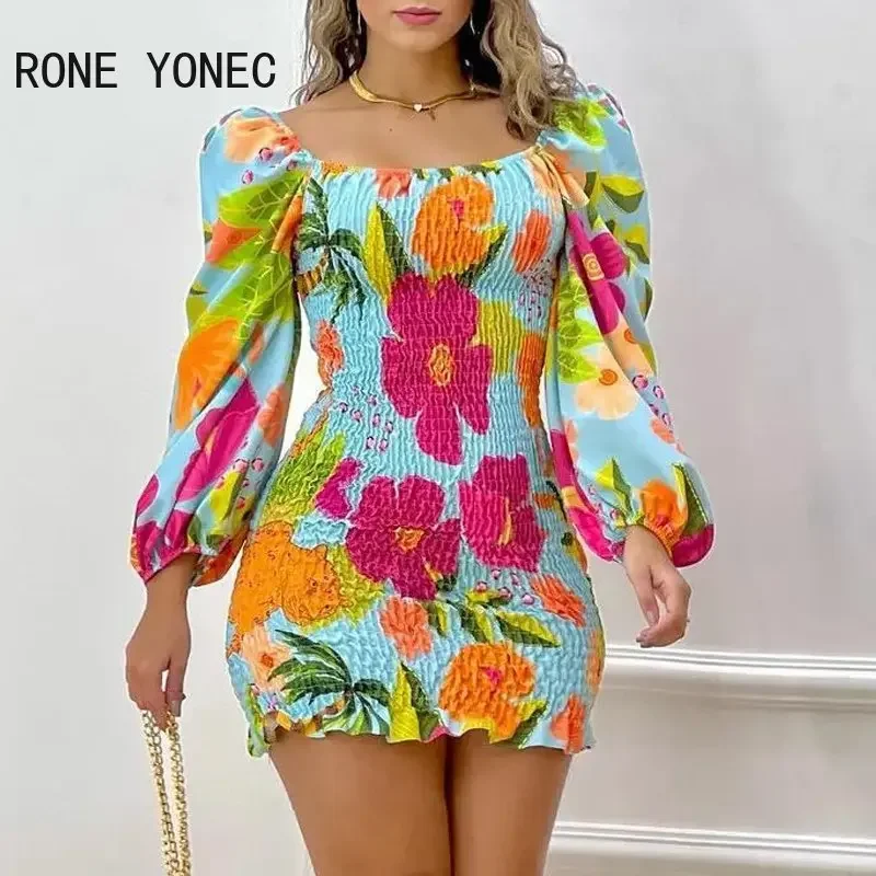 Women Dress 2023 Casual Tropical Print Puff Sleeve Shirred Dress A Line Dress