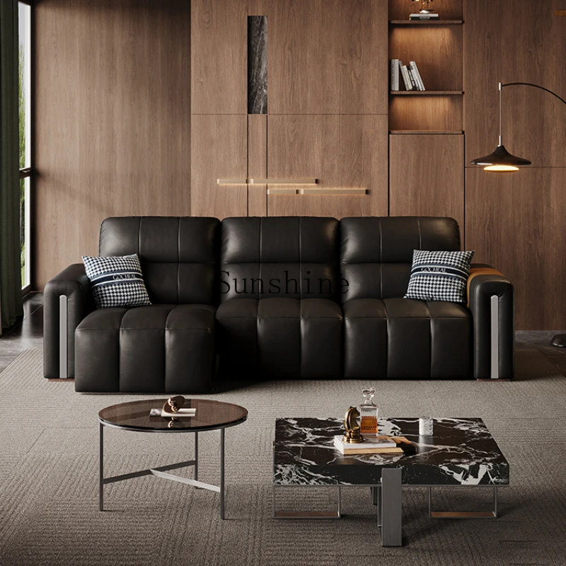 

telescopic multi-functional sofa remote control smart living room zero against the wall leather first layer cowhide combination
