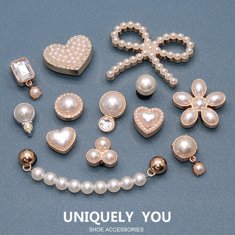 Shoe Metal Charms White Pearl Heart Flower Bow Pearl Necklace Fashion Accessories Decorations for Cross Shoes