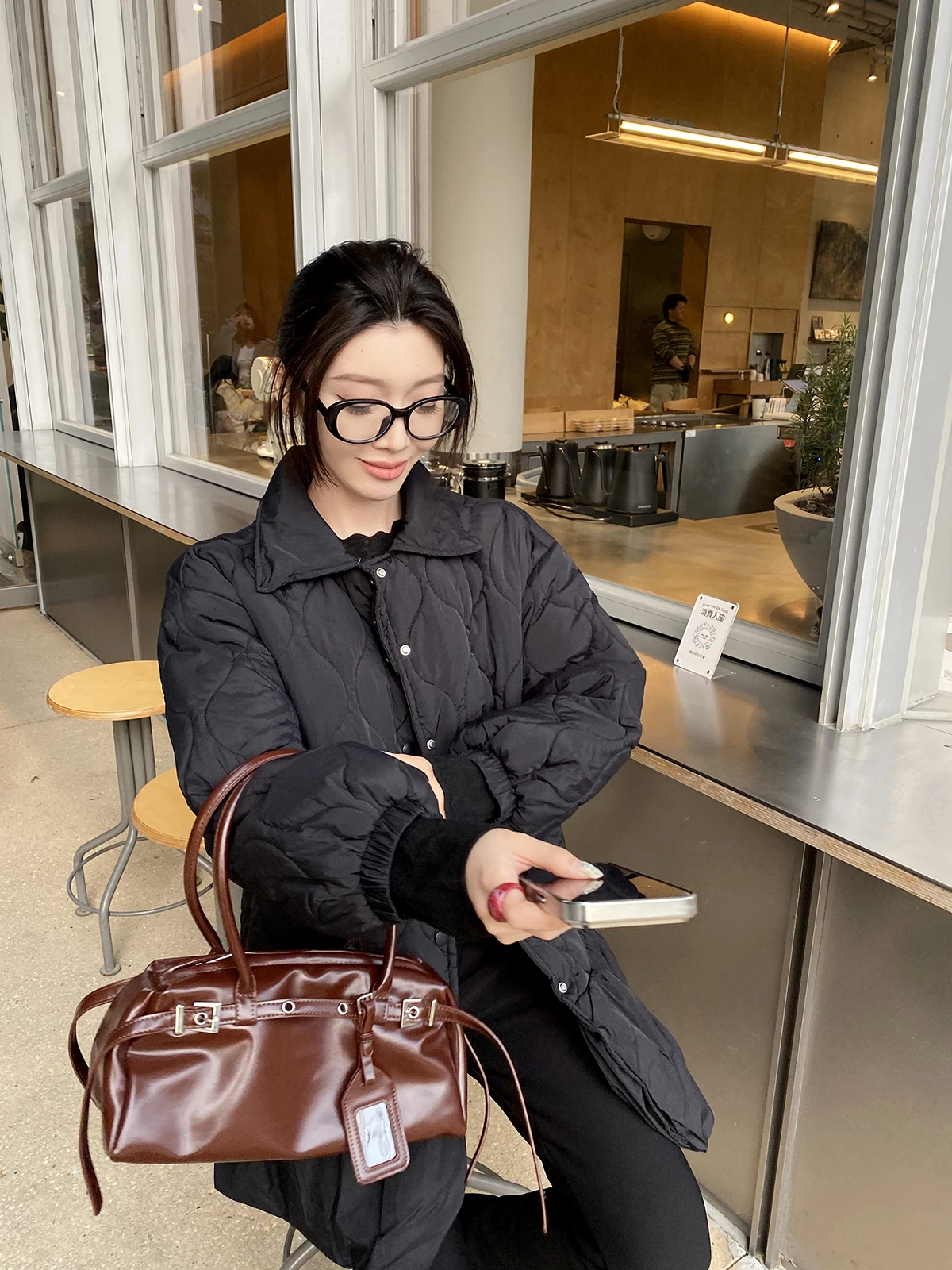 

FEELROOM Теплое модное пальто-куртка из хлопка и полиэстера с ромбовидным узором и длинными рукавами, свободного кроя