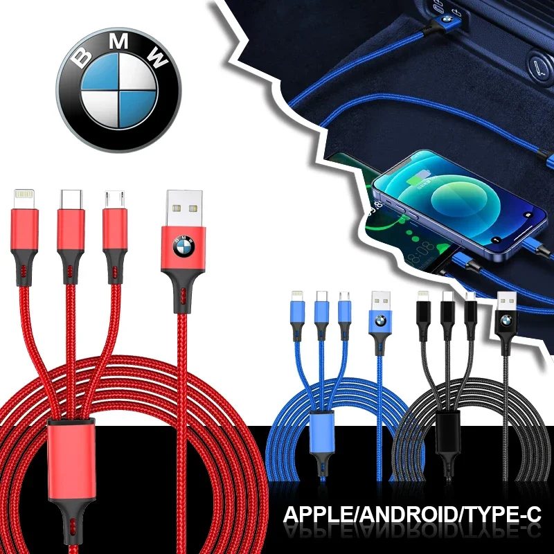 Car 3 In 1 Fast Charging Cord For iPhone Huawei USB Type C For BMW X6 71 E92 E93 E87 E39 E46 E90 E36 E60 M3 M5 M6 M2 F10 F30 E39