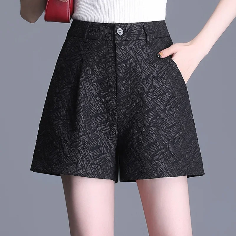 

2023 Summer Women Casual Dobby Floral Black Wide Leg High Waisted Shorts , Woman 3xl Korean Style Shorts