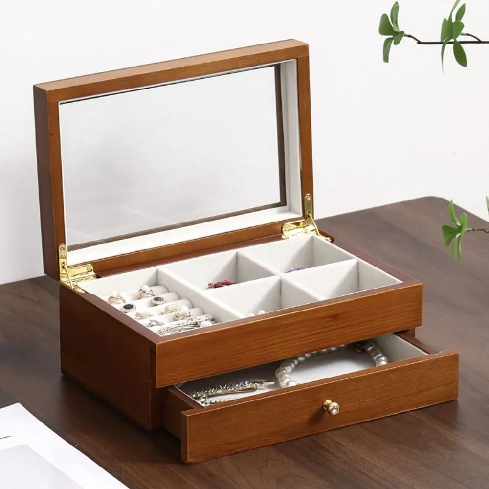 Double Layer Wooden Jewelry Display Box Vintage Soft Lining Rings Earrings Storage Case with Mirror Multicompartment