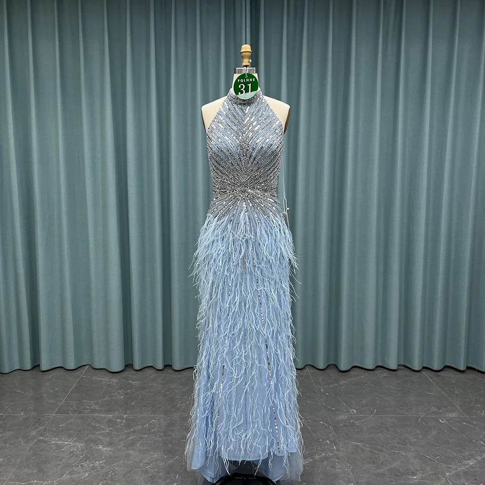 

YQLNNE 031 Luxury Sky Blue Feathers Crystals Long Evening Dresses Halter Vestidos