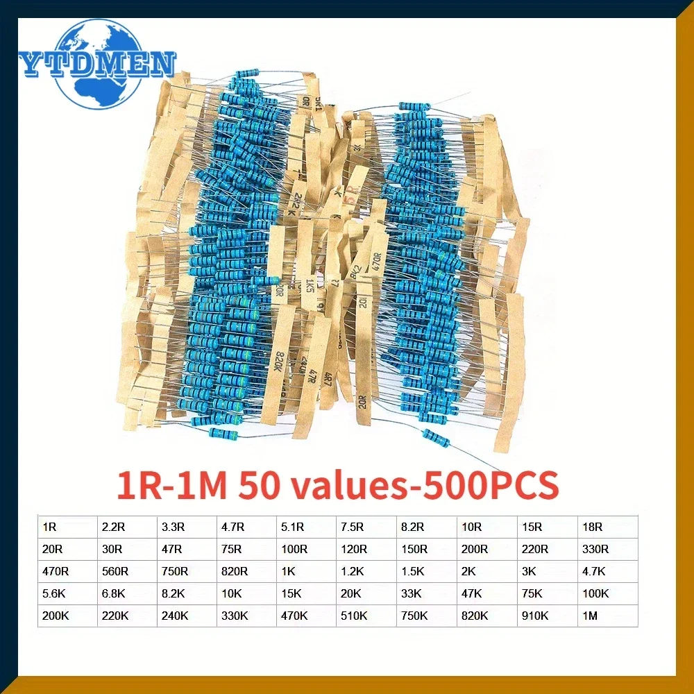 500pcs/lot 1W Resistor Assortment Kit Metal Film Resistor 1R-1M Ohm 50 Values*10 Pcs 1% Resistance Set