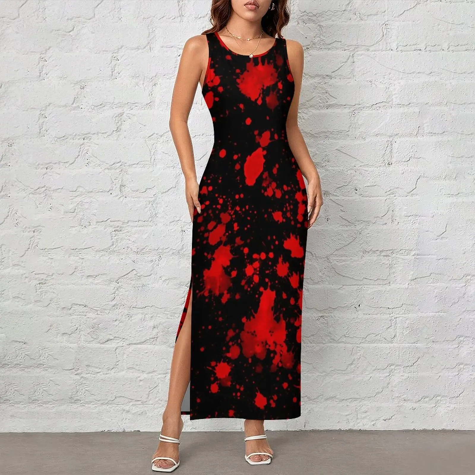 Women Red Paint Splatter Dress Artistic Splash Street Style Bodycon Dress Spring Trendy Maxi Dresses Design Oversize Vestido