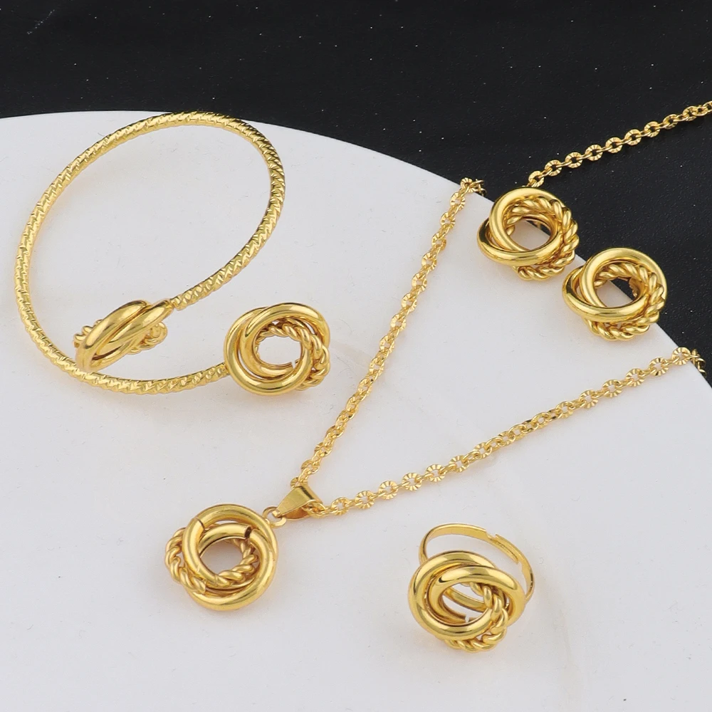 

New Fashion Stainless Steel Gold Color Interlocking Circles Roman Numbers Jewelry Sets Women 4pcs Waterproof Jewelry Set Gift