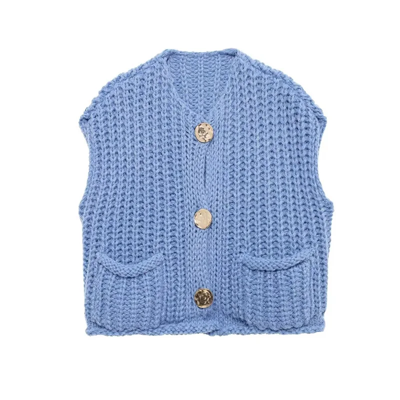 YUEYANG Women Elegant Blue Knit Vest Fashion Female Single Breasted Pockets Sleeveless Sweaters Casual Office Lady Chic Knitwea