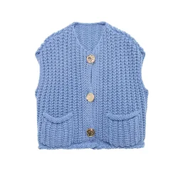 YUEYANG Women Elegant Blue Knit Vest Fashion Female Single Breasted Pockets Sleeveless Sweaters Casual Office Lady Chic Knitwea