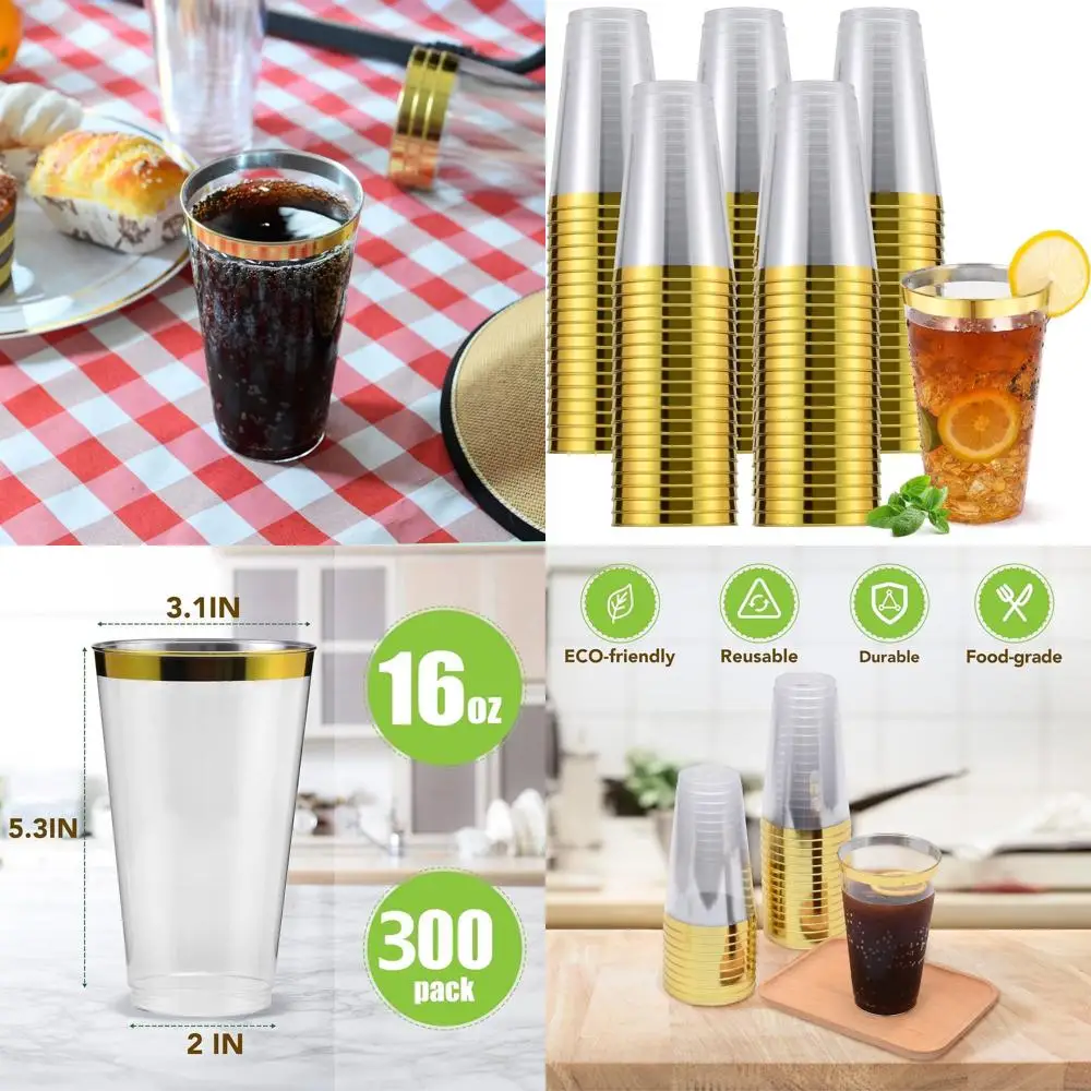 

Одноразовые пластиковые стаканчики с золотой оправой на 16 унций — упаковка 300 штук для элегантных свадеб, вечеринок и праздничных встреч