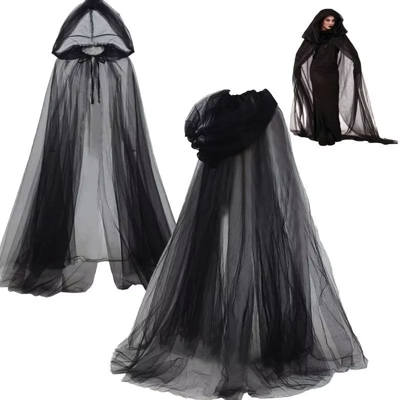 Black Bridal Shawl Witch Vampire Cosplay Cloak Halloween Double Cloak Game Party Costume Props Holiday Dress Up