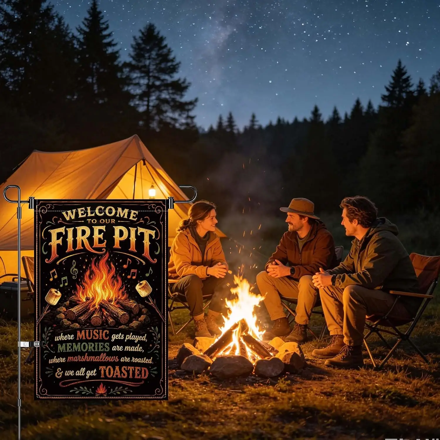 12x18inch Welcome To Our Fire Pit Garden Flag Double Sided Outdoor Decor | Polyester, Camping Garden Flags, Campsite Decor,H llp