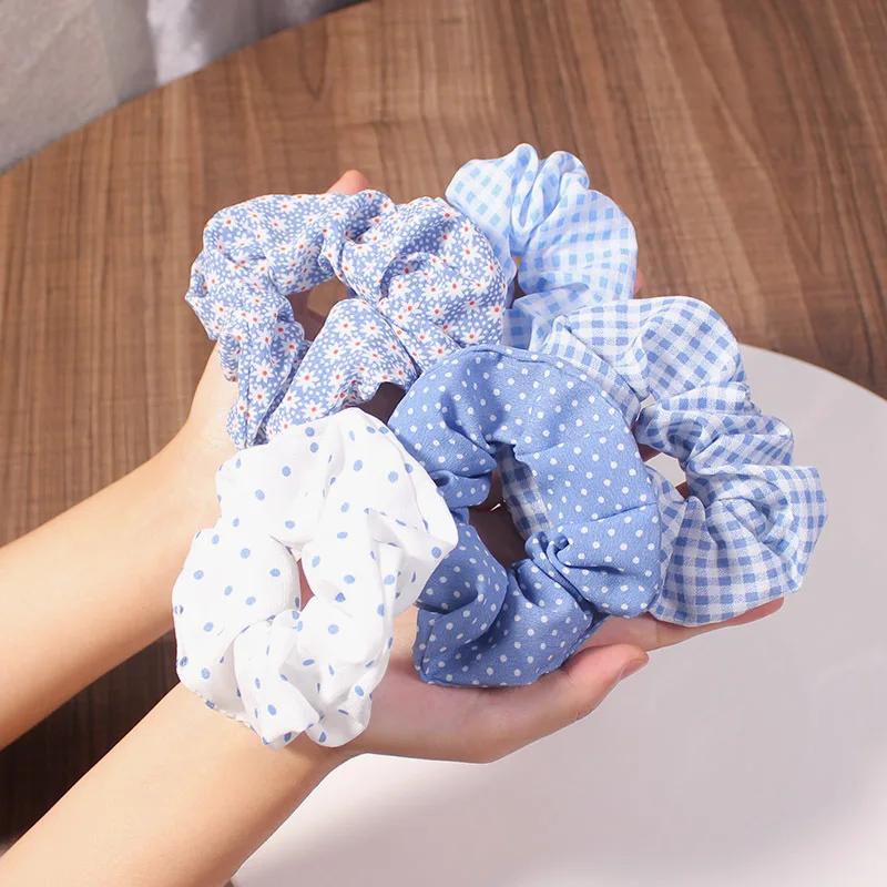 5pcs/set Blue Pink Fabric Scrunchie For Women Girls Korean Fashion Plaid Polka Dot Floral Scrunchies Soft Cloth Ponytail Holder