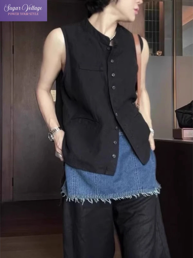

French Luxury Minimalist Style Vest Women Summer 2025 Black Sleeveless Stand Collar Button Down Relaxed Fit Elegant Fashion Tops