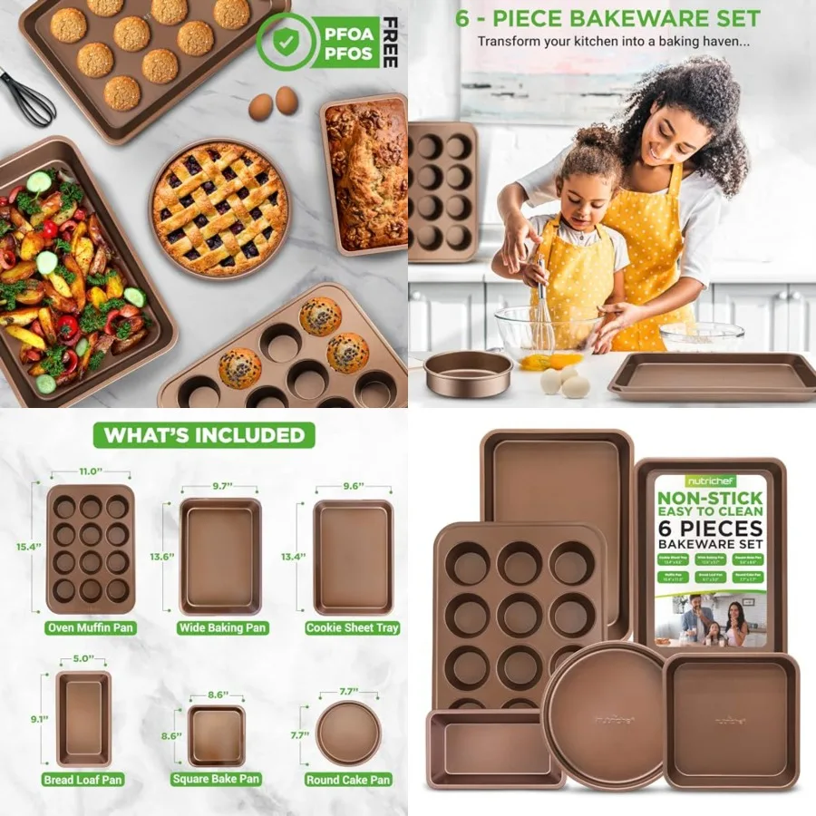 

6-Piece Nonstick Bakeware Set, Carbon Steel Baking Pans Set, Includes Cookie Sheets, Wide Square Bake Pans, Bread Loaf Round Ca