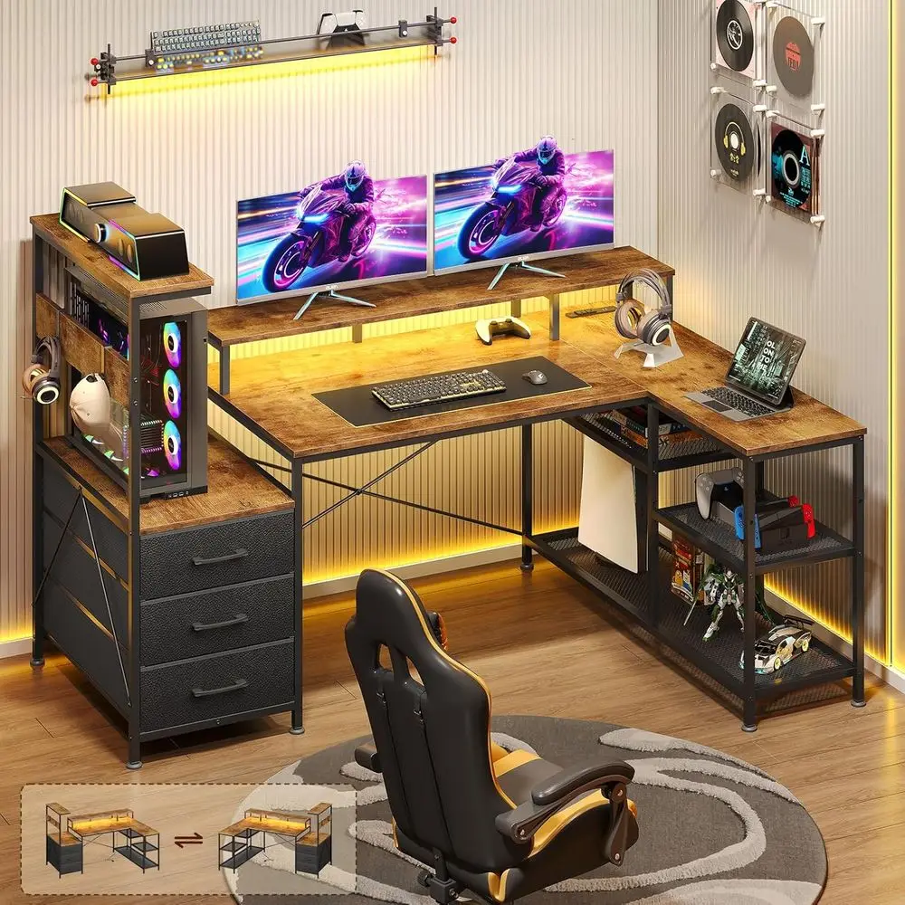 L-Shaped Gaming Desk with Drawers, Storage, Power Outlets, LED Lighting, and Monitor Stand in Rustic Brown