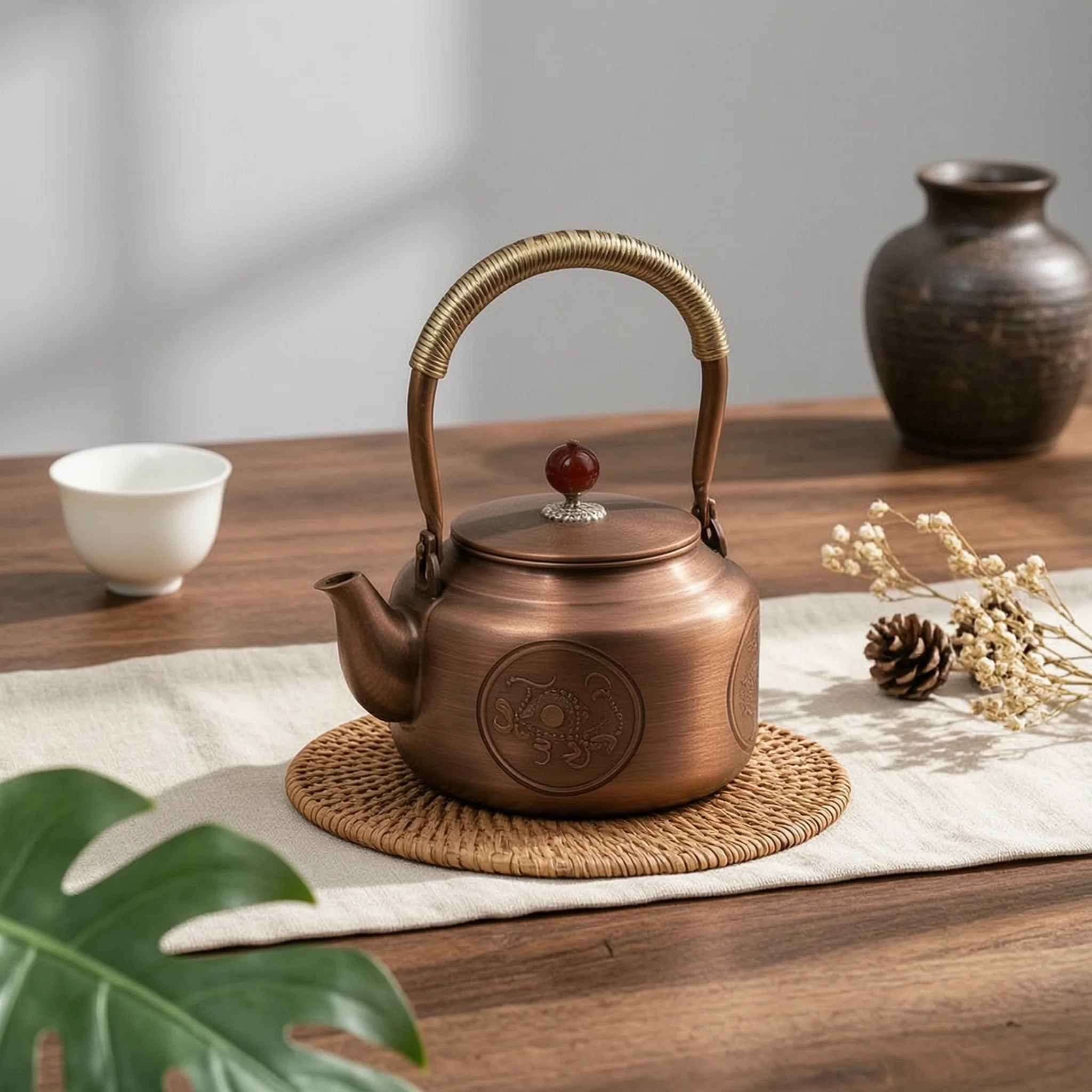 Tea Kettle with Red Knob Antique Copper Kettle Copper Teapot with Wrapped Handle Long Spout Kitchenware Vintage for Collectors