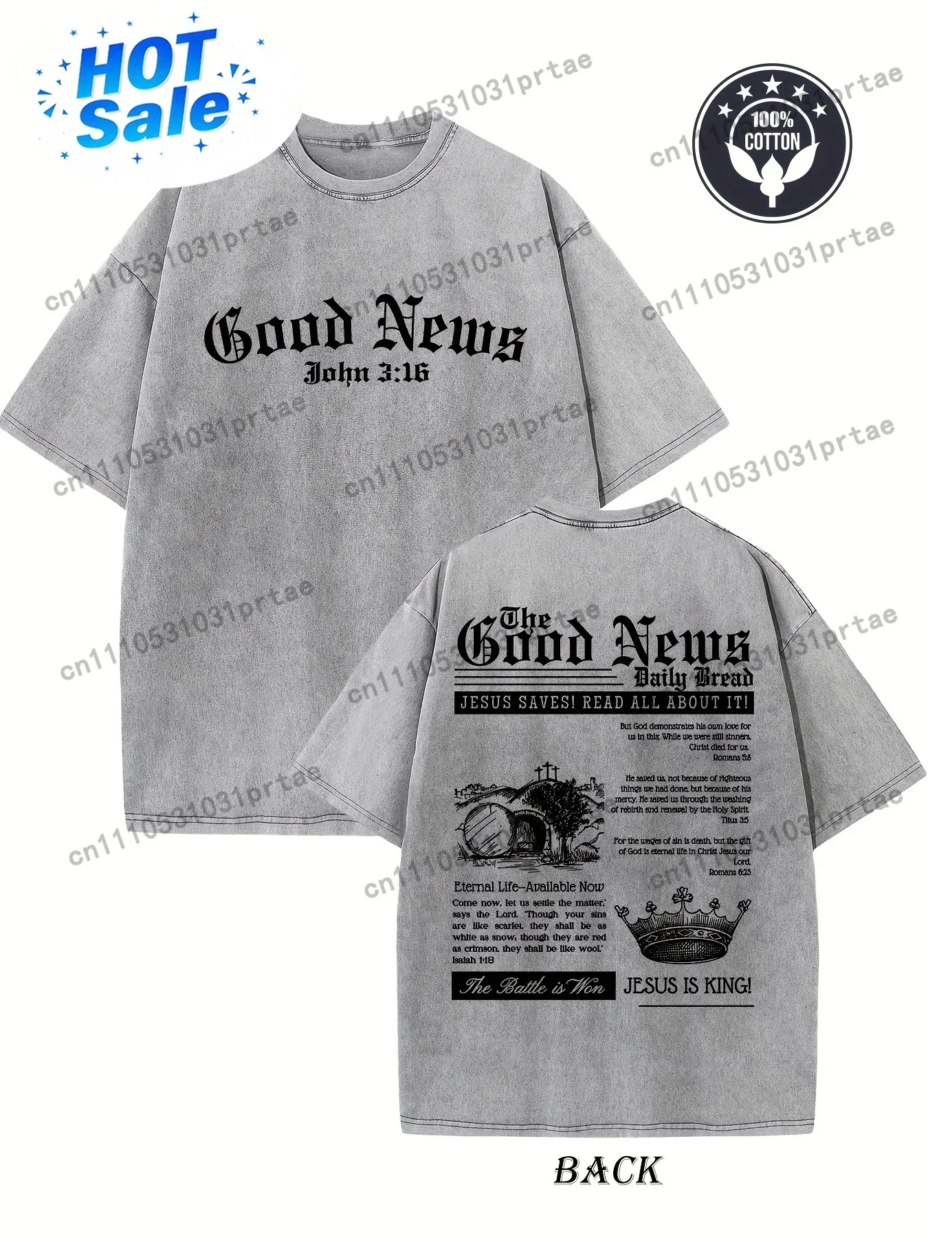 Men'S 230G Heavyweight Pure Vintage Washed T-Shirt Featuring a Double-Sided 'Good News' Religious Pattern Print, Designed Red