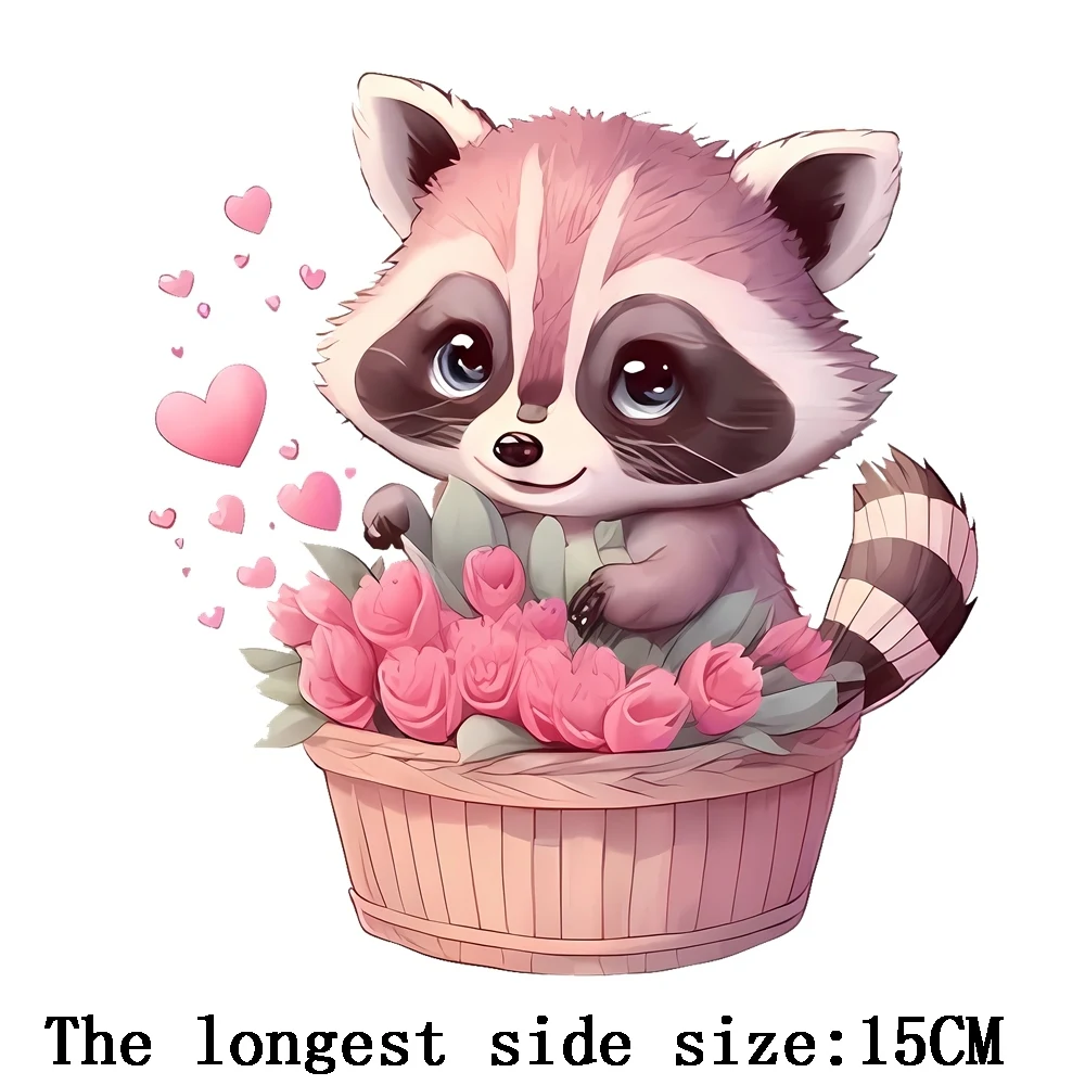 Cartoon Raccoon Flower Iron On Transfer Stickers Diy A-Level Washable Heat Press Printed Accessory Clothes Patches For Jackets