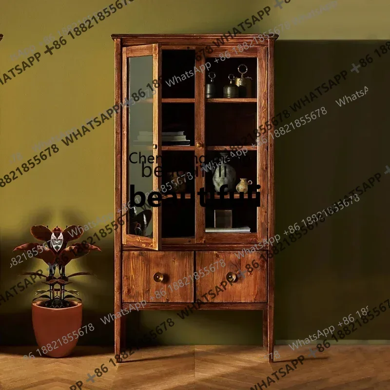 

X Q American style,solid wood floor-to-ceiling bookshelf, black storage with glass door cabinet French retro decorative cabinet