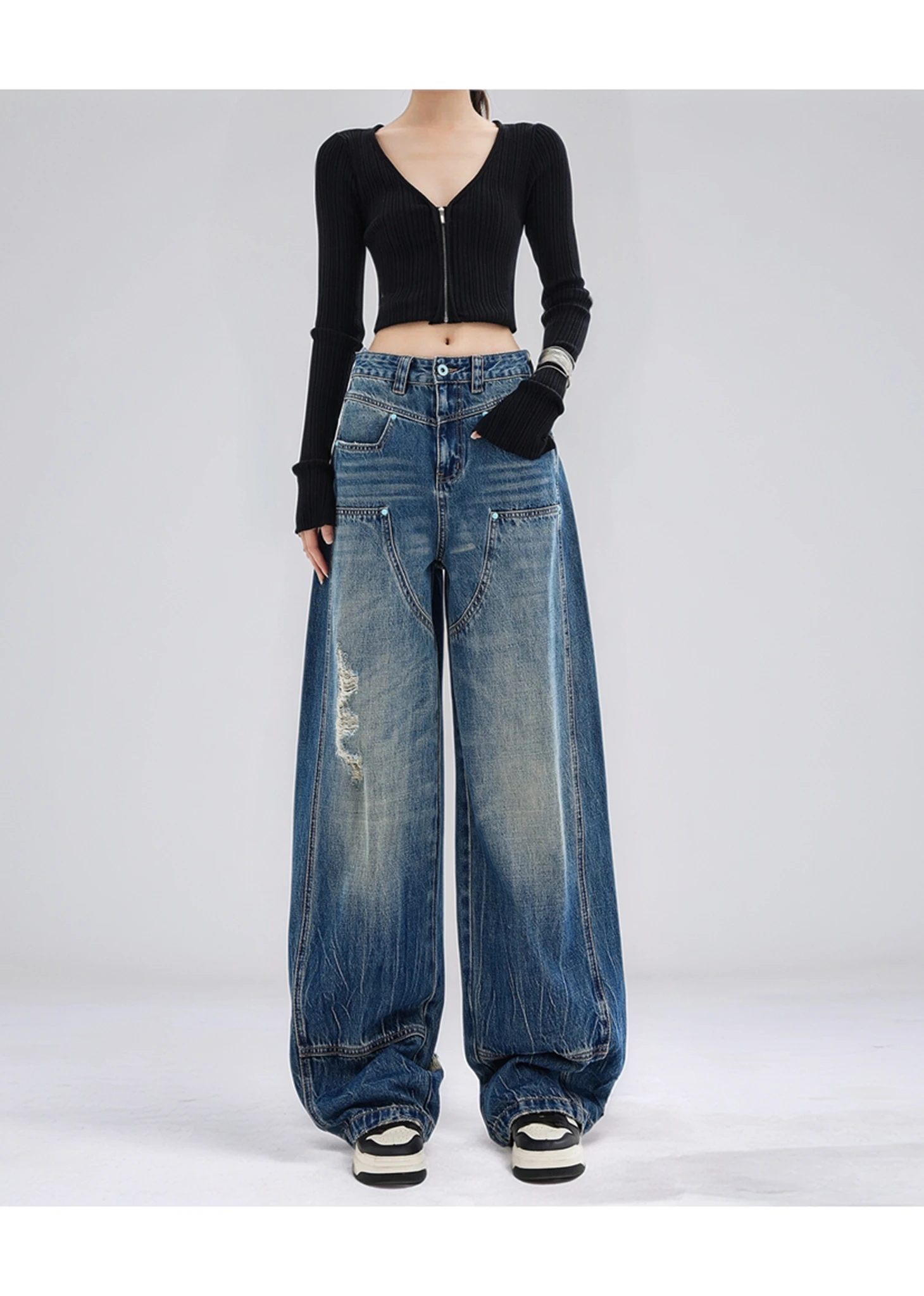 

CHIC Unisex Men Women Jeans Spliced Buttons American Retro Denim Pants Boyfriend High Street Destroyed Loose Trousers Lovers