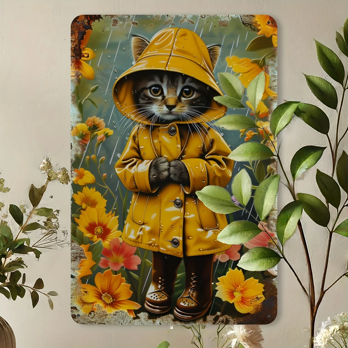 Vintage Cat in Raincoat Metal Tin Sign, Iron Construction, Indoor/Outdoor Decor Hanging Wall Art for Home, Office, Bar, Cafe