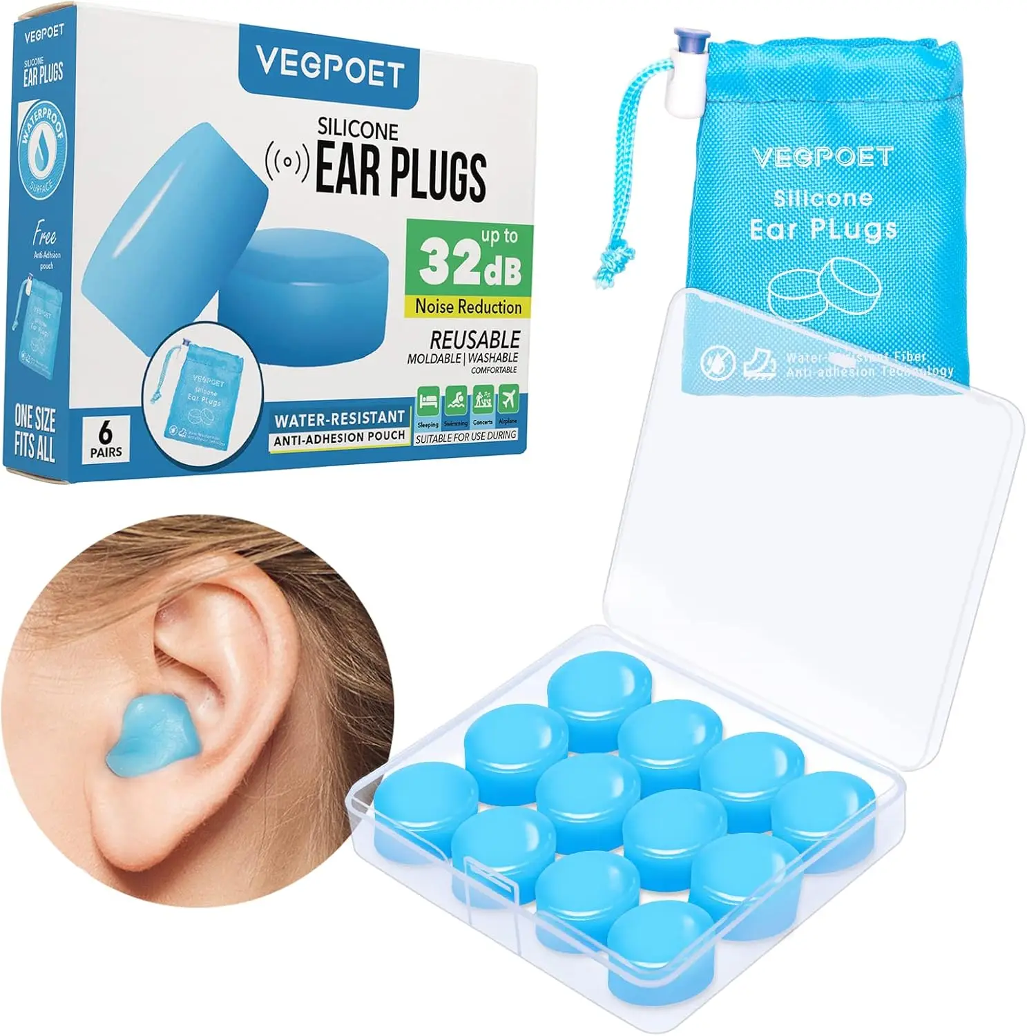 

Reusable Moldable Silicone Earplugs for Sleeping, Noise Cancelling for Concerts, Swimming, Shooting, Snoring, Airplane