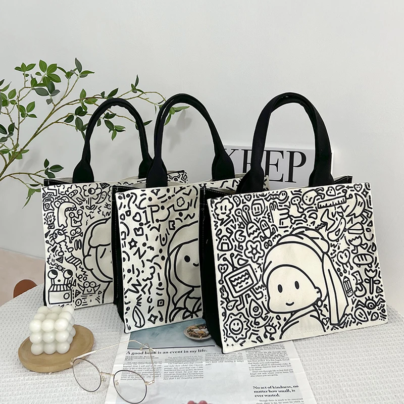 Women Small Canvas Handbag Cute Famous Painting Cloth Tote Female Designer Shopping Bag Thick Cotton Fabric Female Square Purses