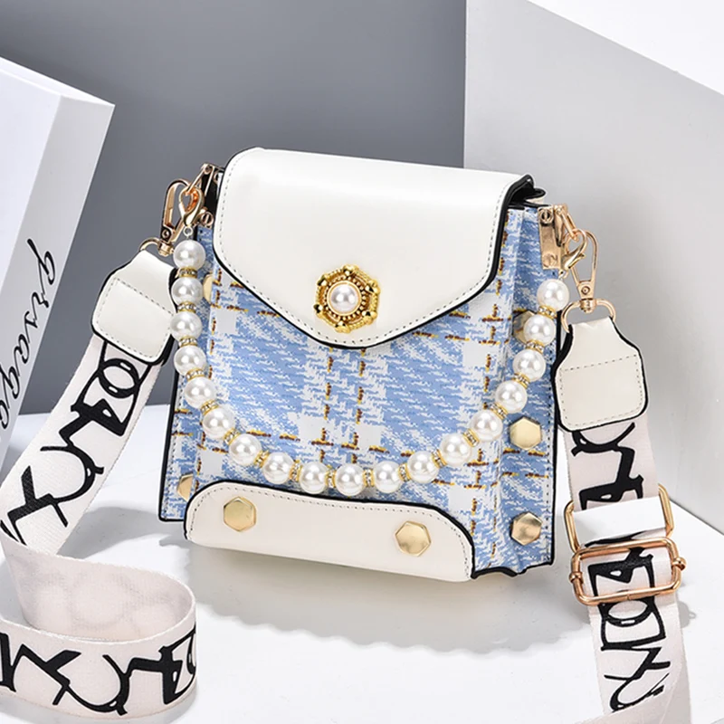 Mini Studded Decor Crossbody Bag, Women's Plaid Pattern Crossbody Bag, Faux Pearl Handle Flap Purse