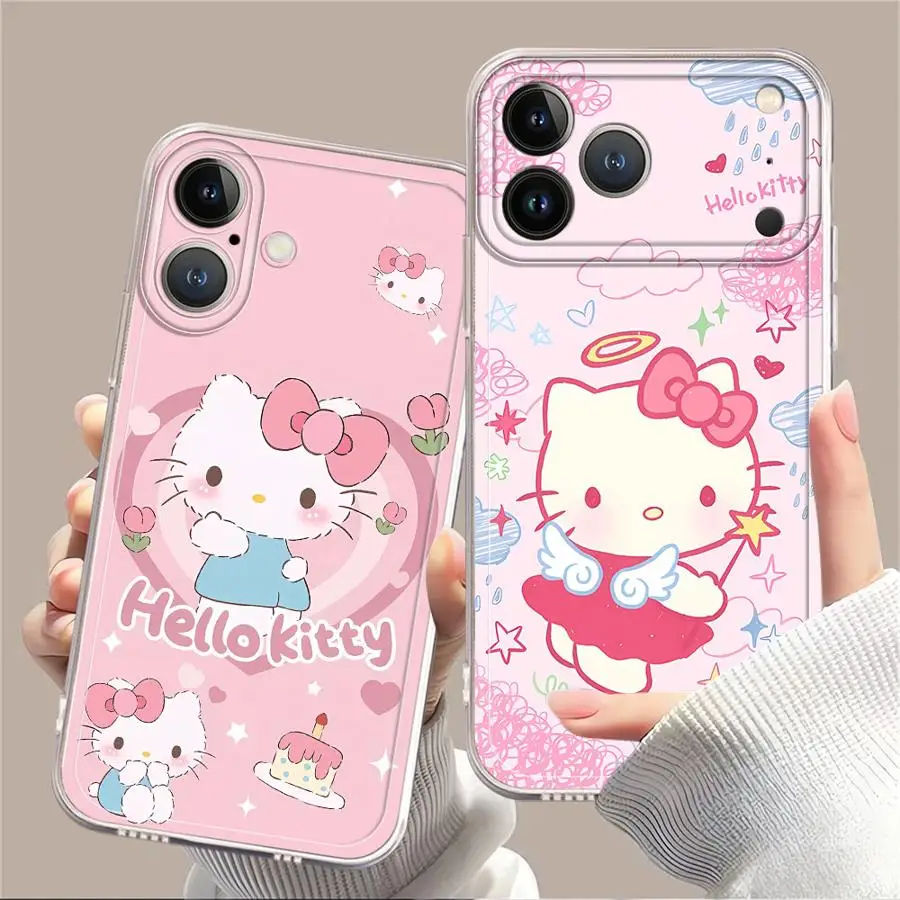 Pink Angel Hello Kitty Kuromi Clear Soft Silicone Phone Case For iPhone 11 12 13 14 15 16 17 Pro Max 14 Plus 17 Air XR 17E Cover