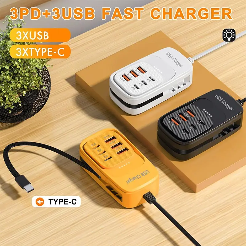 6-Port-USB-Ladegerät, Desktop-Ladestation, Telefon-Steckdosenleiste mit einziehbarem Typ-C-Ladekabel für iPhone 16, Samsung