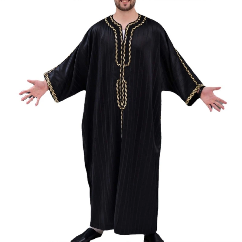 Pakaian Pria Islami Kaftan Maxi-Kemeja Pria Muslim Lengan Panjang Abaya Dubai