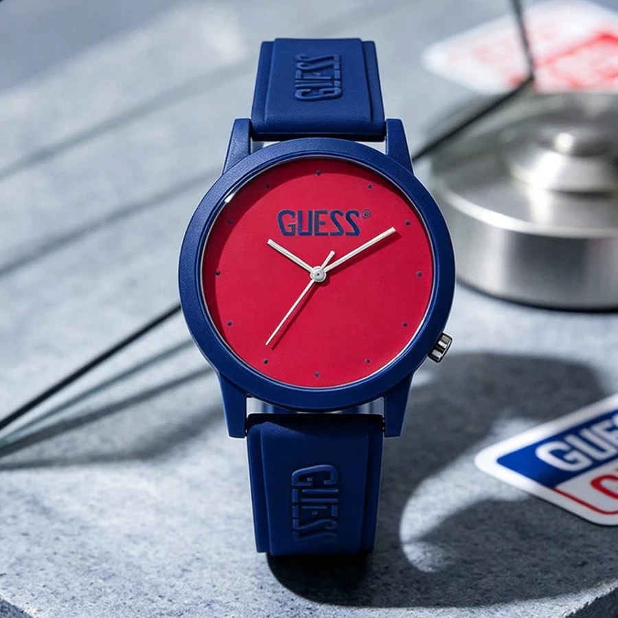 Guess Men Quartz Watch, Blue Resin & Silicone, Red Dial, 30M Splash Resistant, Model V1040M4