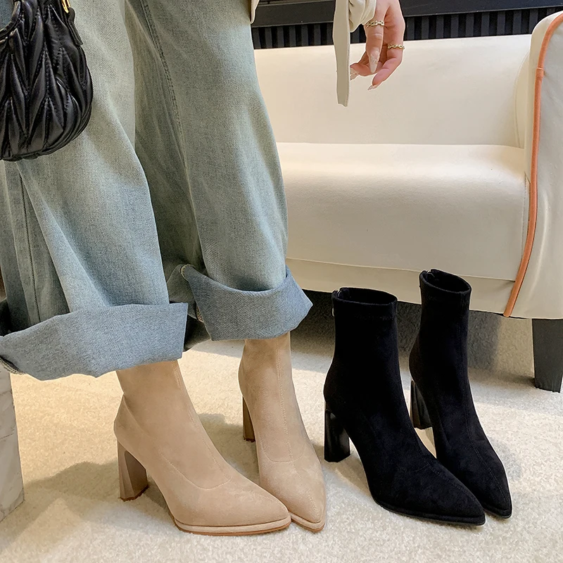 

2026 new autumn winter women ankle boots 22-24.5cm stretch flannel back zip thick high heel short boots fathion Skinny boots
